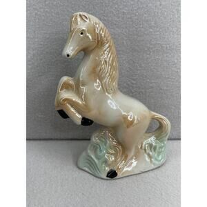 VTG Porcelain Horse Figurine Lusterware Glaze Rearing Brown Western Farmhouse